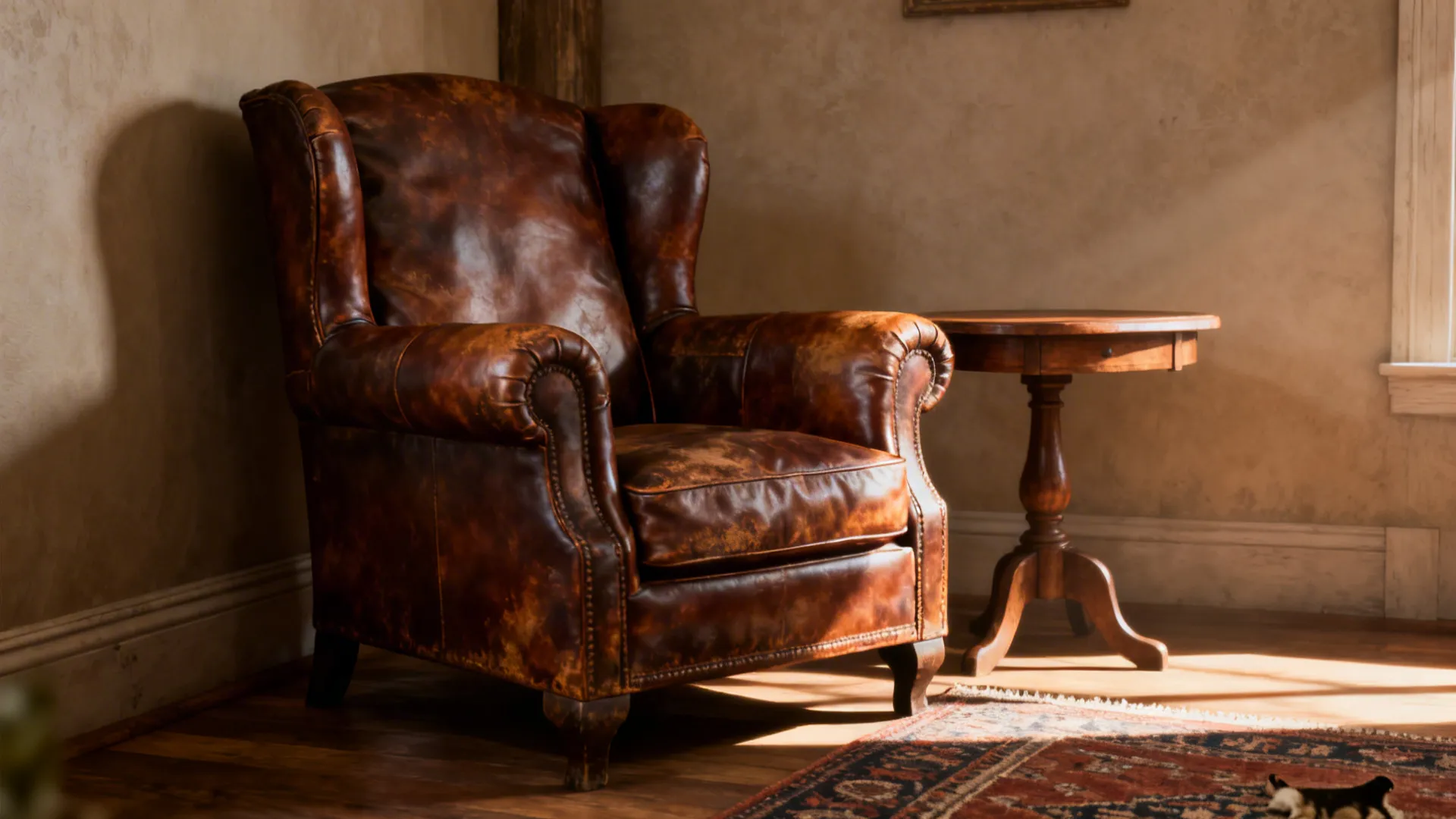 Deep-seated leather club chair with rich patina in warm light