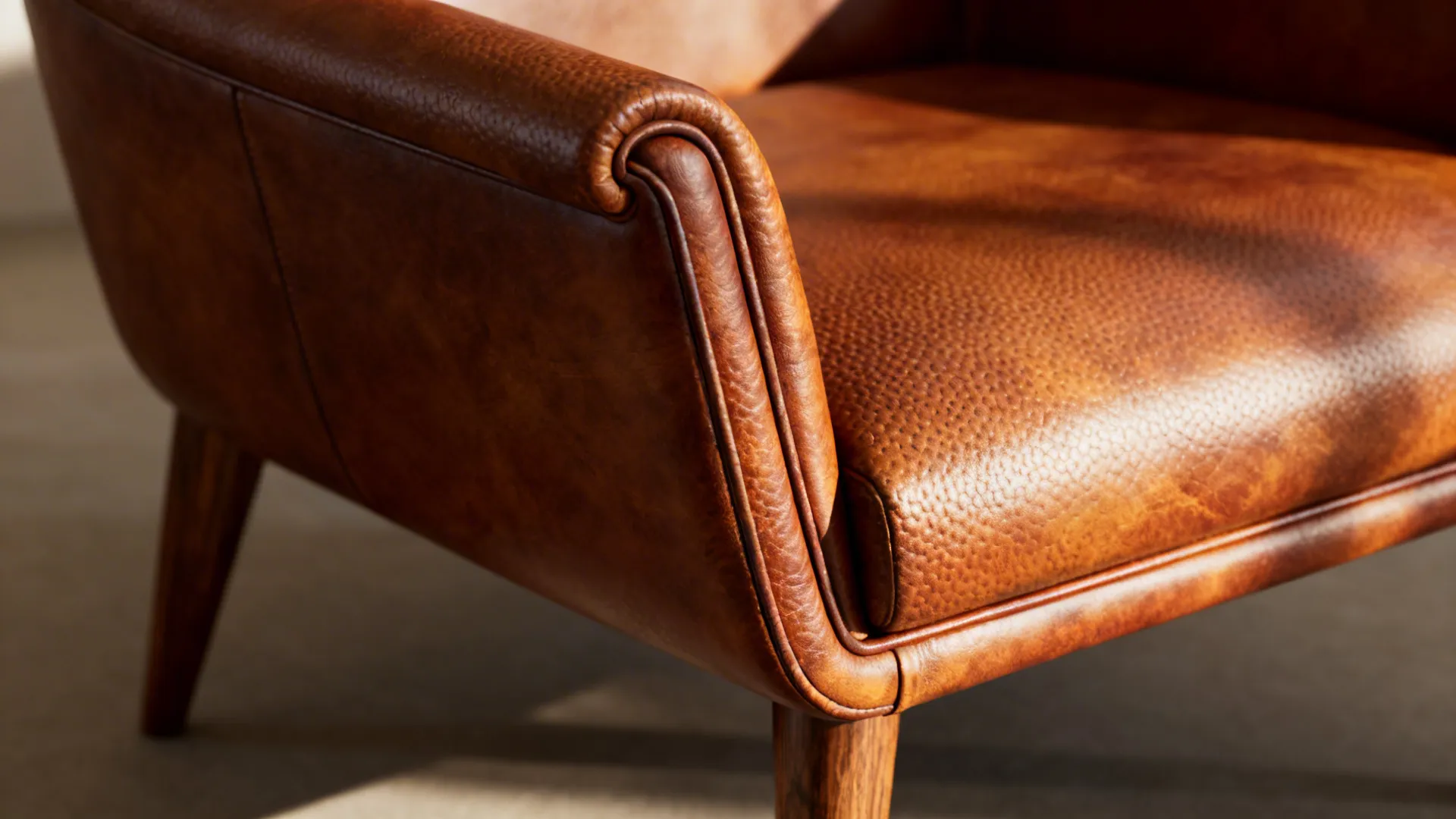 Brown leather sofa armrest detail with wooden legs and textured material in a bright room