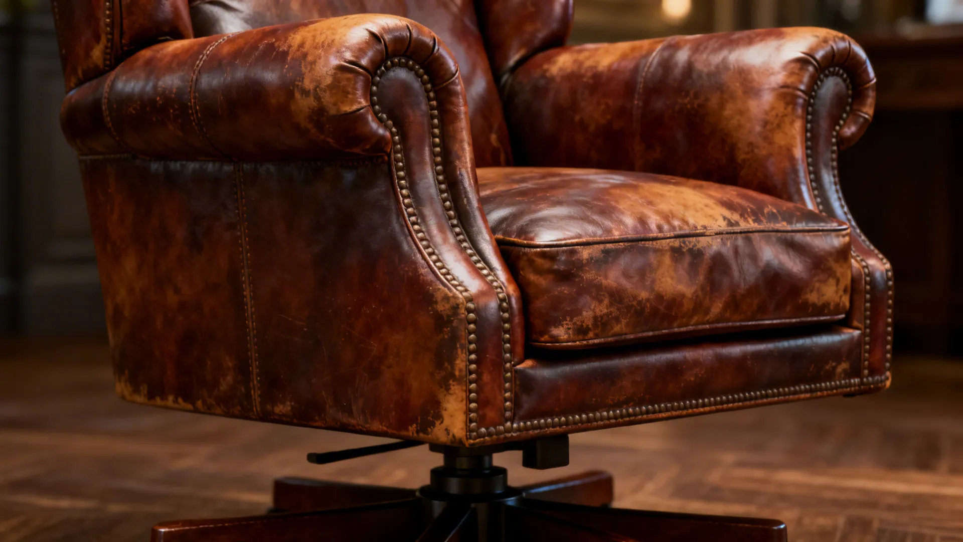 Close-up of a leather swivel club chair showing patina and stitched seams.