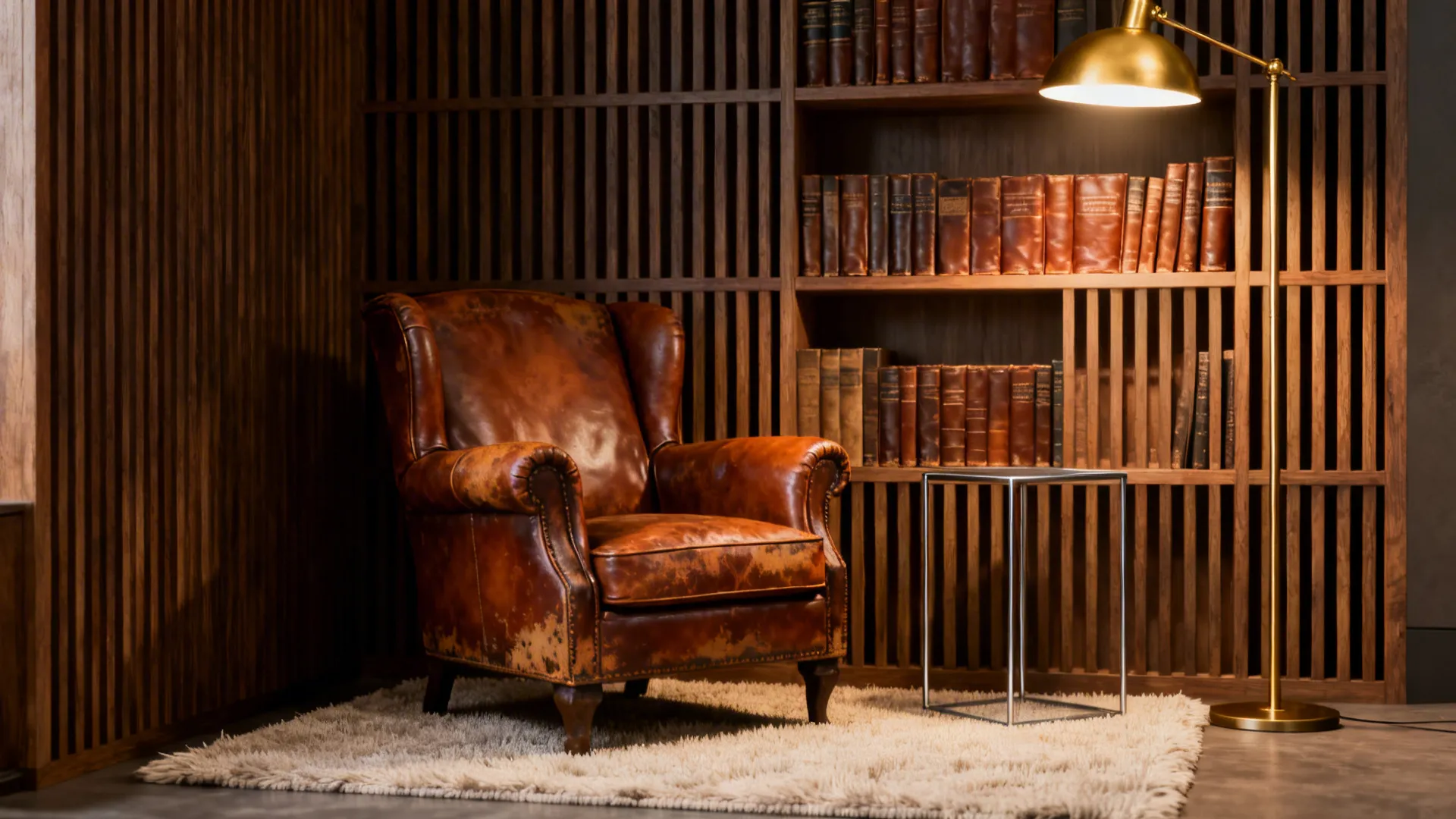 Brown leather armchair on white rug next to bookshelf gold floor lamp and wooden panel