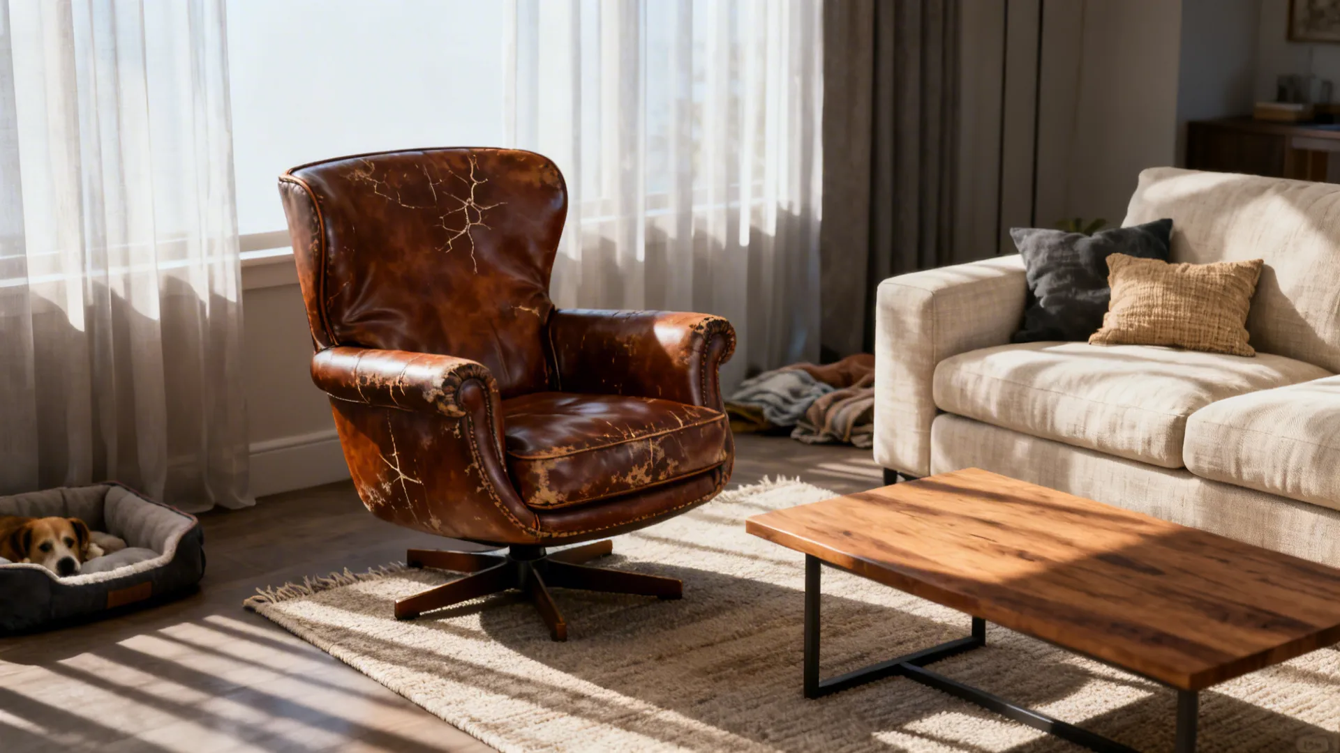 Distressed brown leather swivel chair contrasting with a light linen sofa