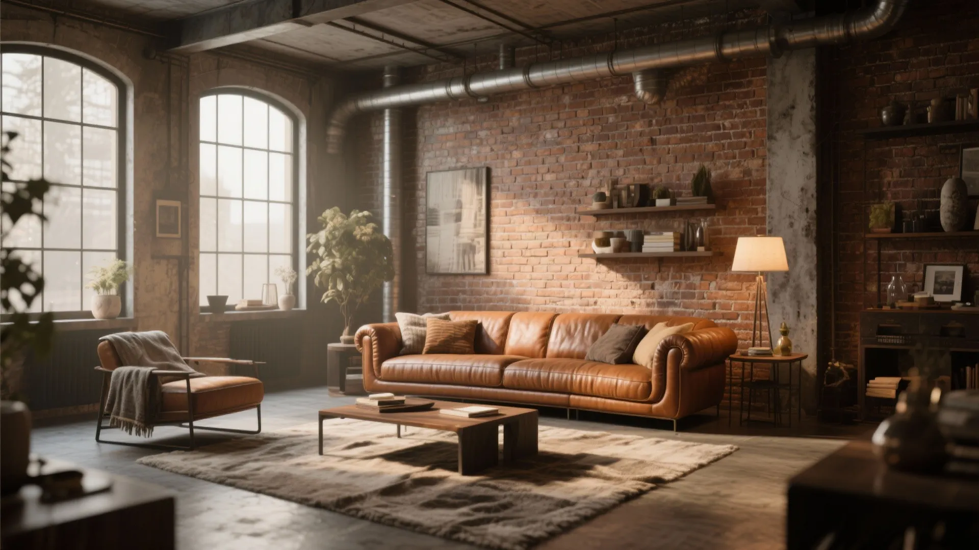 Caramel leather curved sofa in industrial loft with brick walls