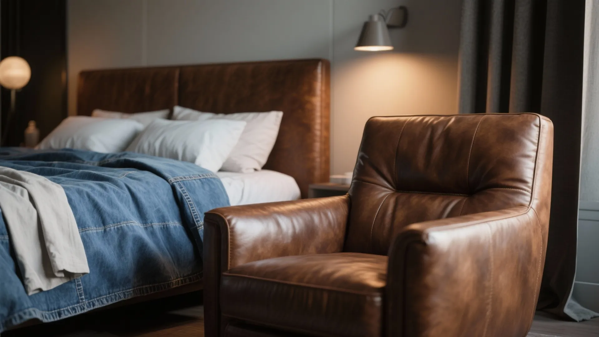 Bedroom vignette showing brown leather paired with faded denim-blue bedding and airy linens.