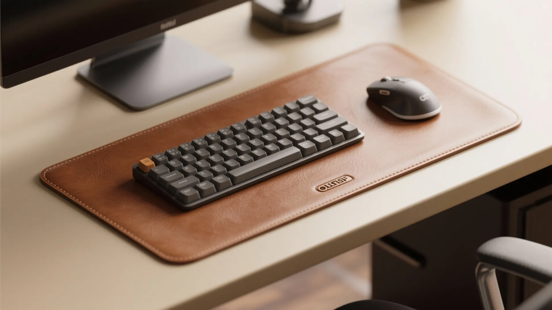 Brown leather desk mat with a grey keyboard and mouse on a clean light desk