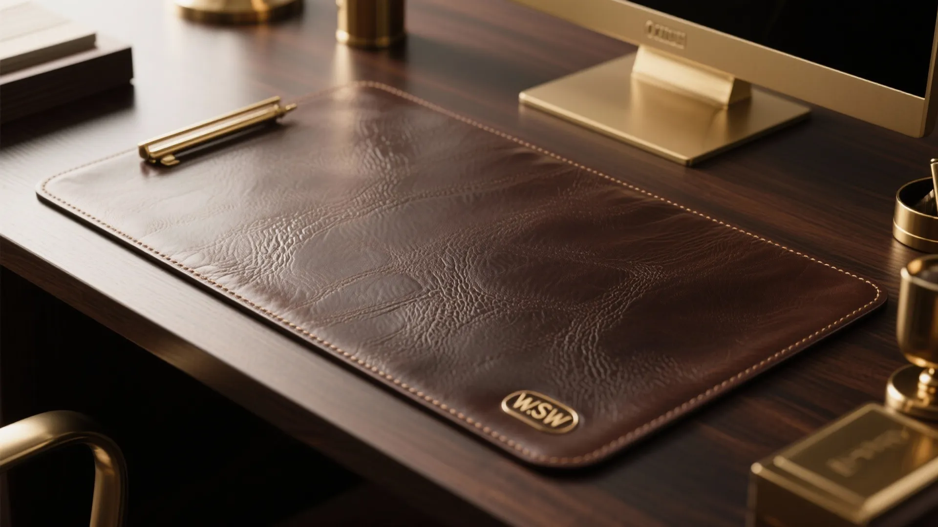 Dark brown leather desk mat with brass accessories on wooden desk