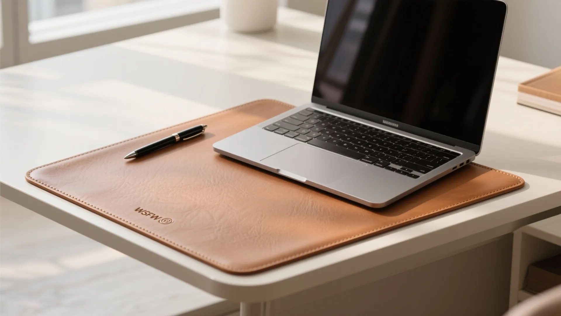 Laptop on a brown leather desk mat with a black pen on a white desk