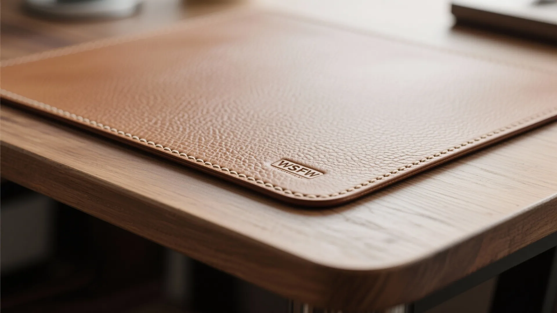Close up view of a brown leather mat placed on a natural wood office desk