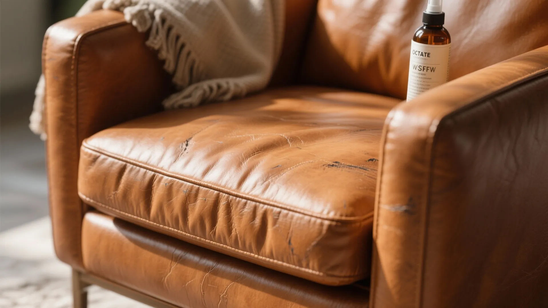 Macro view of caramel leather chair showing rich grain and patina.