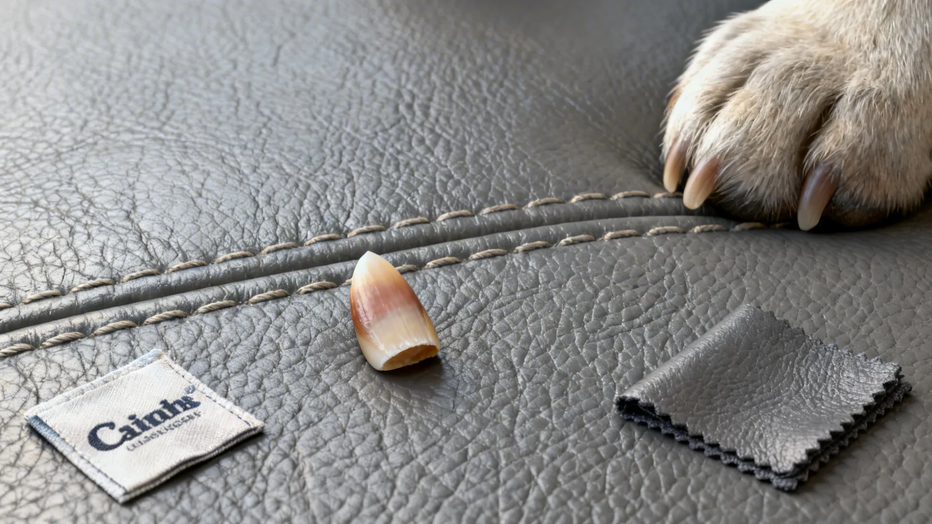 Macro detail of gray leather grain, stitching and protective finish with a leather conditioner cloth.