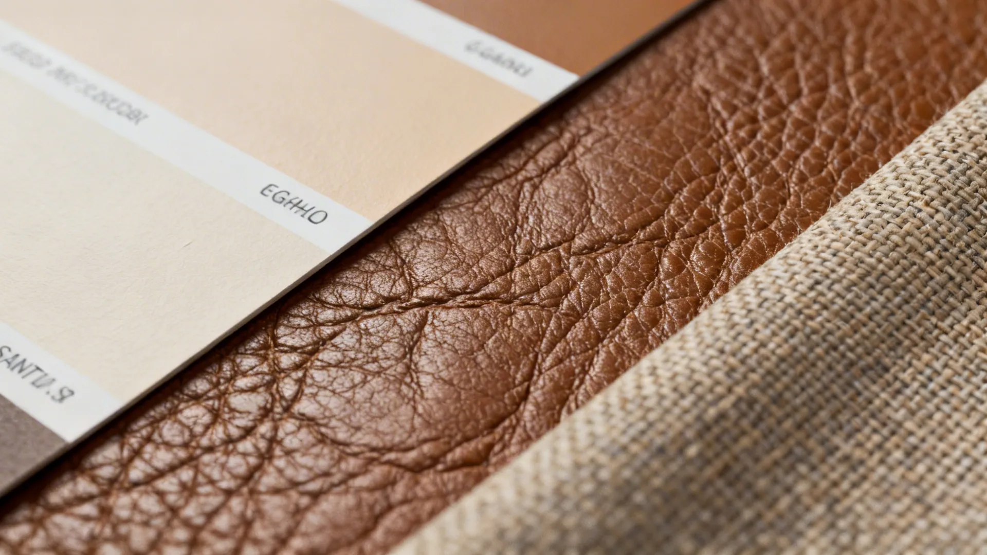 Close-up of brown leather grain next to paint sample card showing finish options
