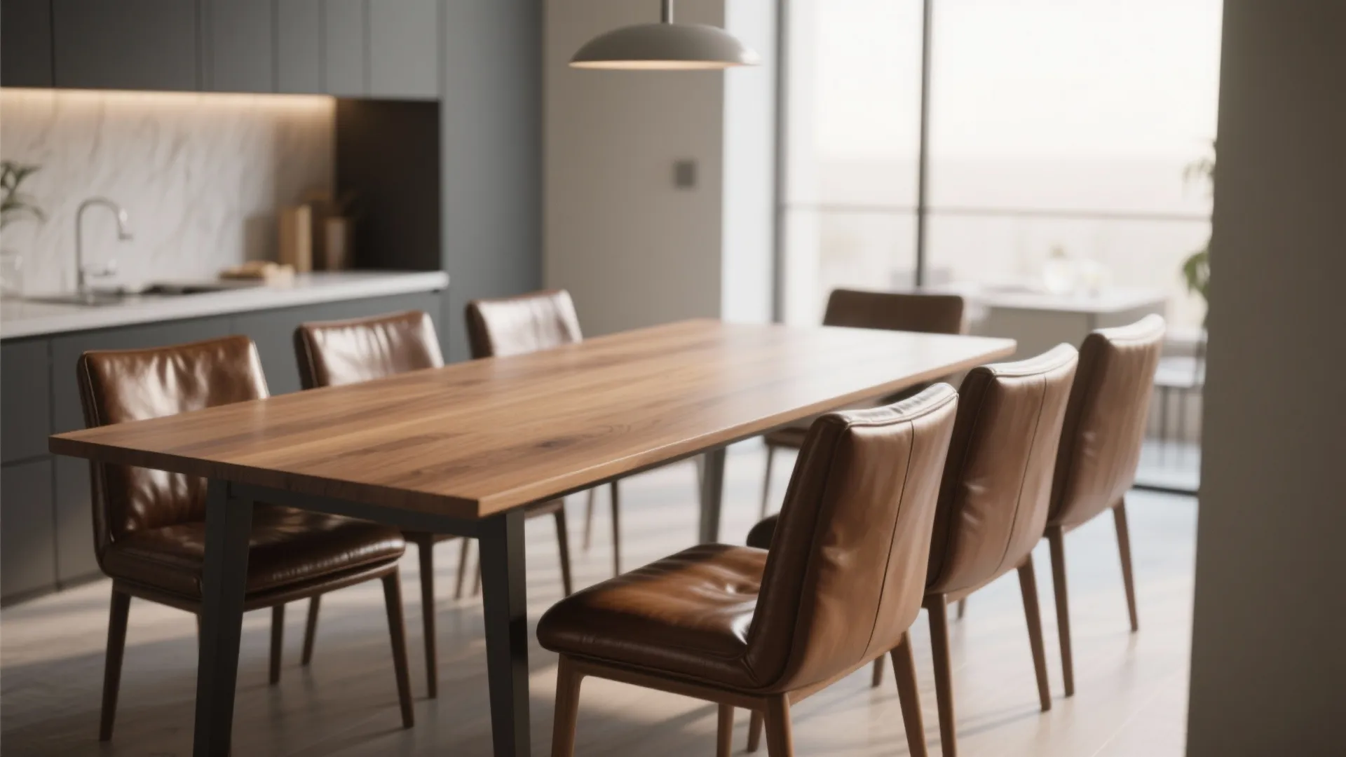 Contemporary dining space with brown leather chairs solid wood table grey kitchen cabinets and ceiling light