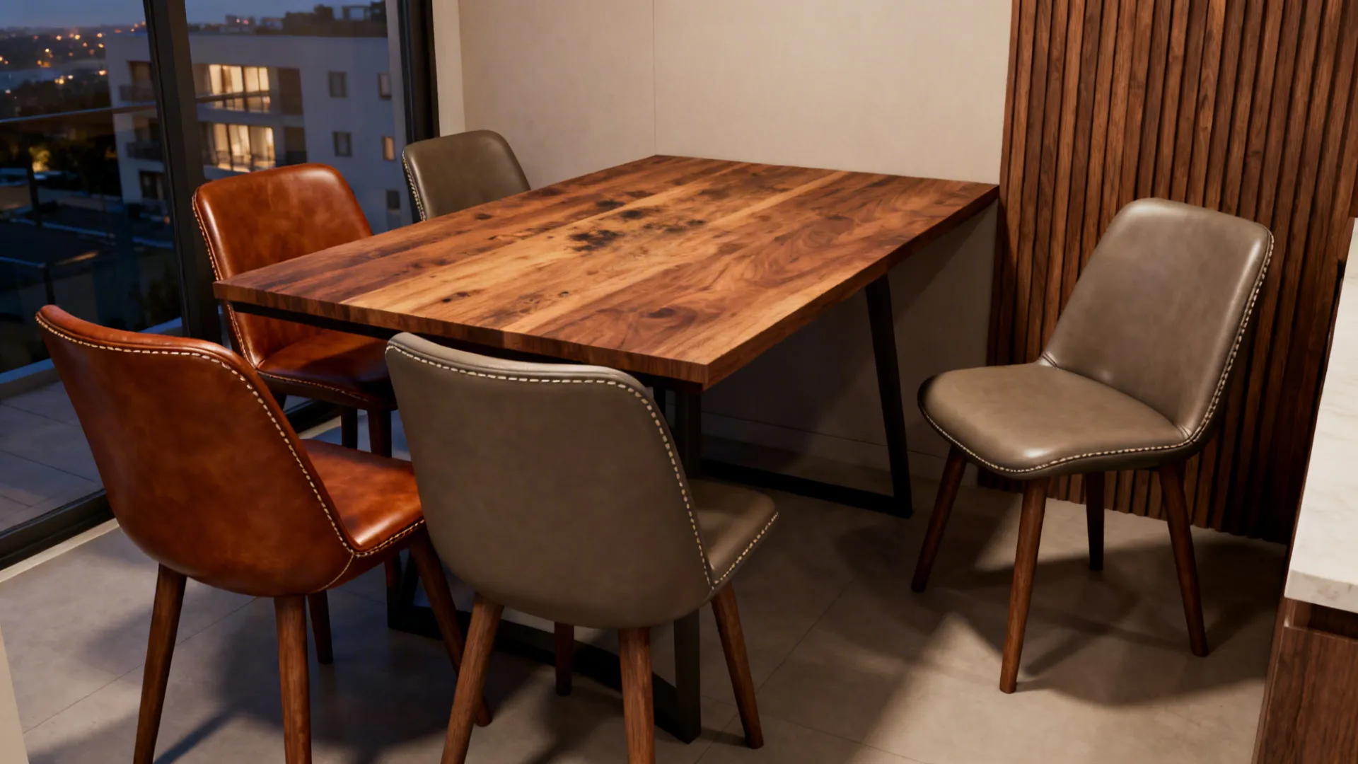 Mid-century compact dining nook with cognac leather chairs around a walnut table.