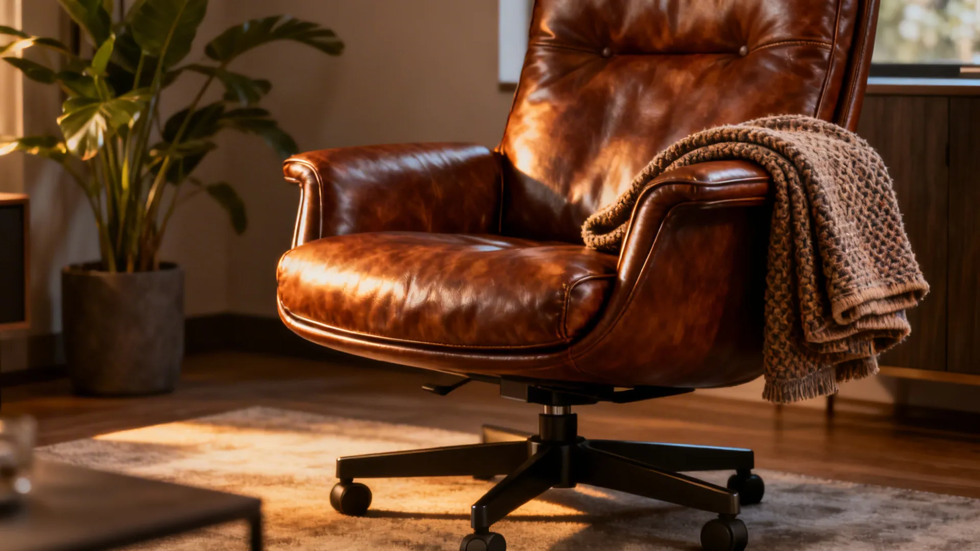 Low-profile leather executive swivel chair with a textured throw in a compact living room.