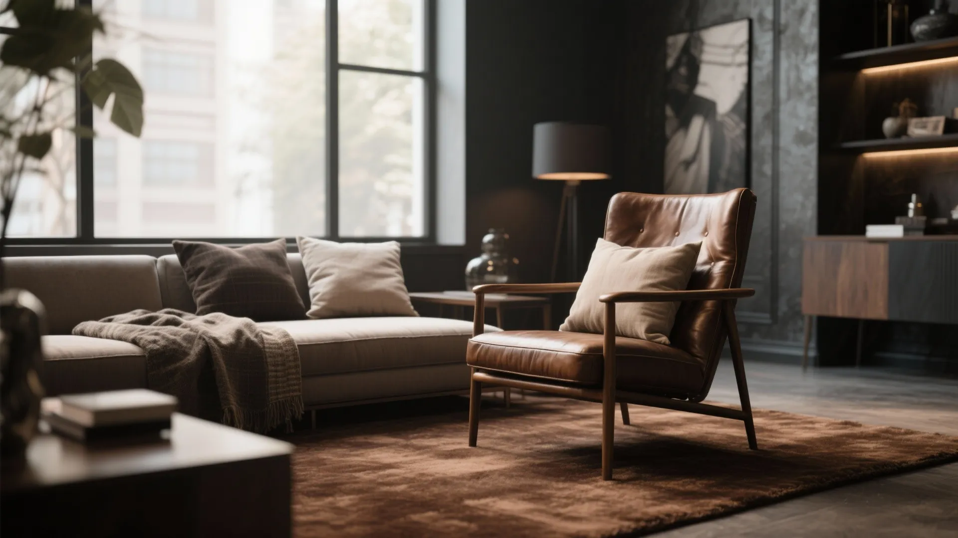 Modern dark living room with leather armchair grey sofa brown rug large window and floor lamp