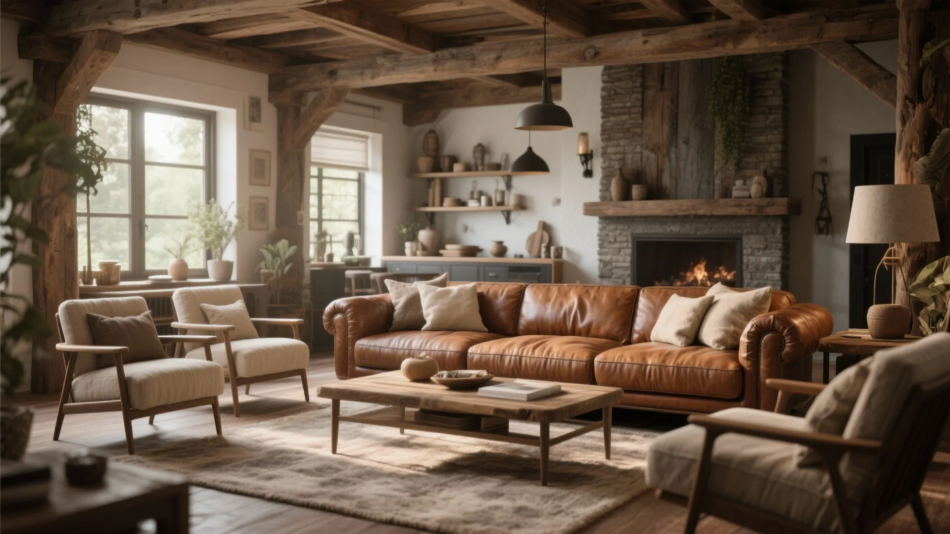 Rustic living room with brown leather sofa wooden beams stone fireplace and comfortable fabric arm chairs