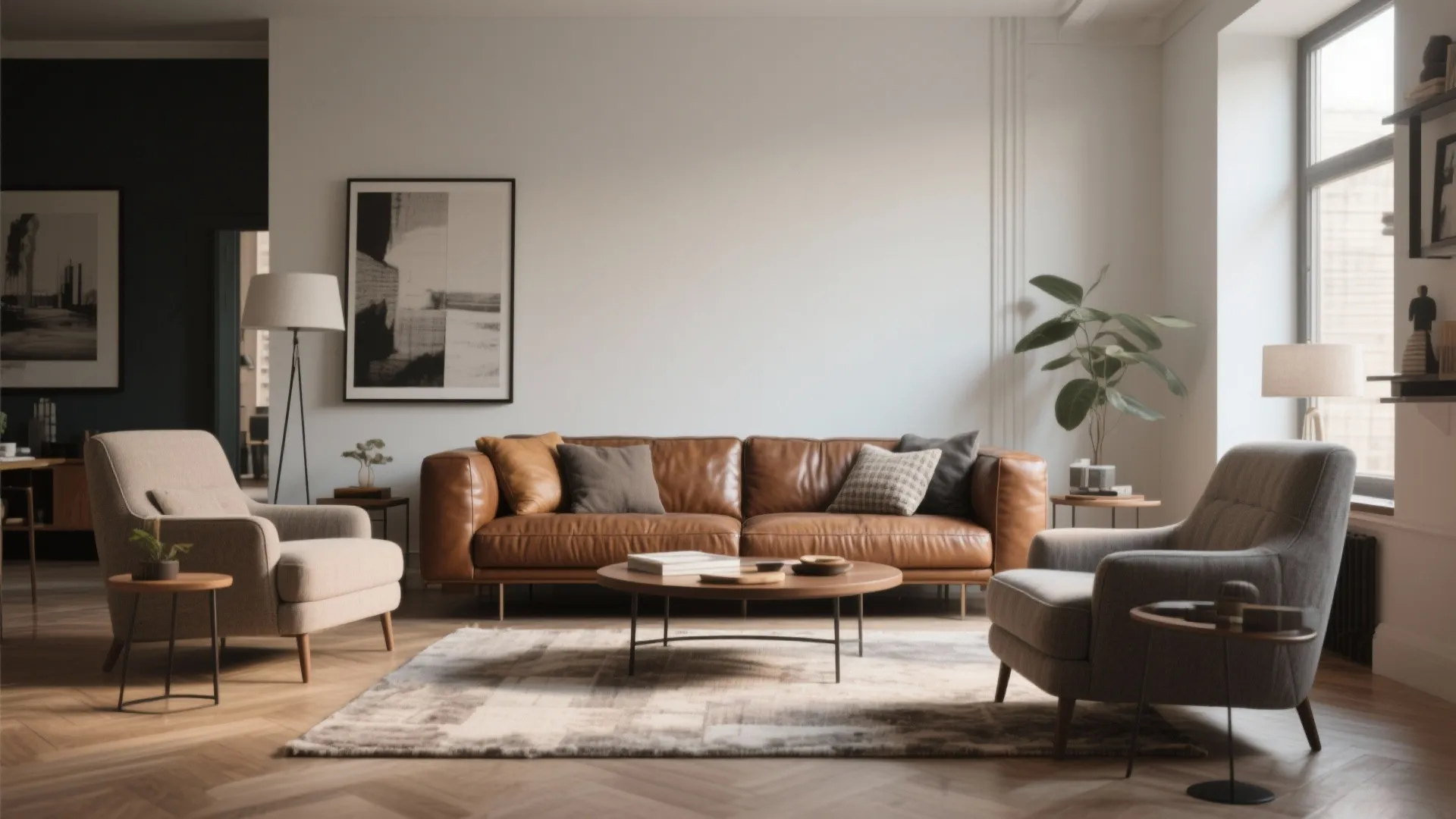 Living room with brown leather sofa two grey chairs coffee table and large wall art