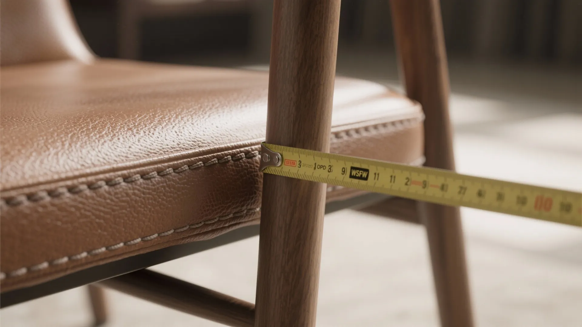 Measuring a wooden chair leg using a yellow tape measure tool in a bright room