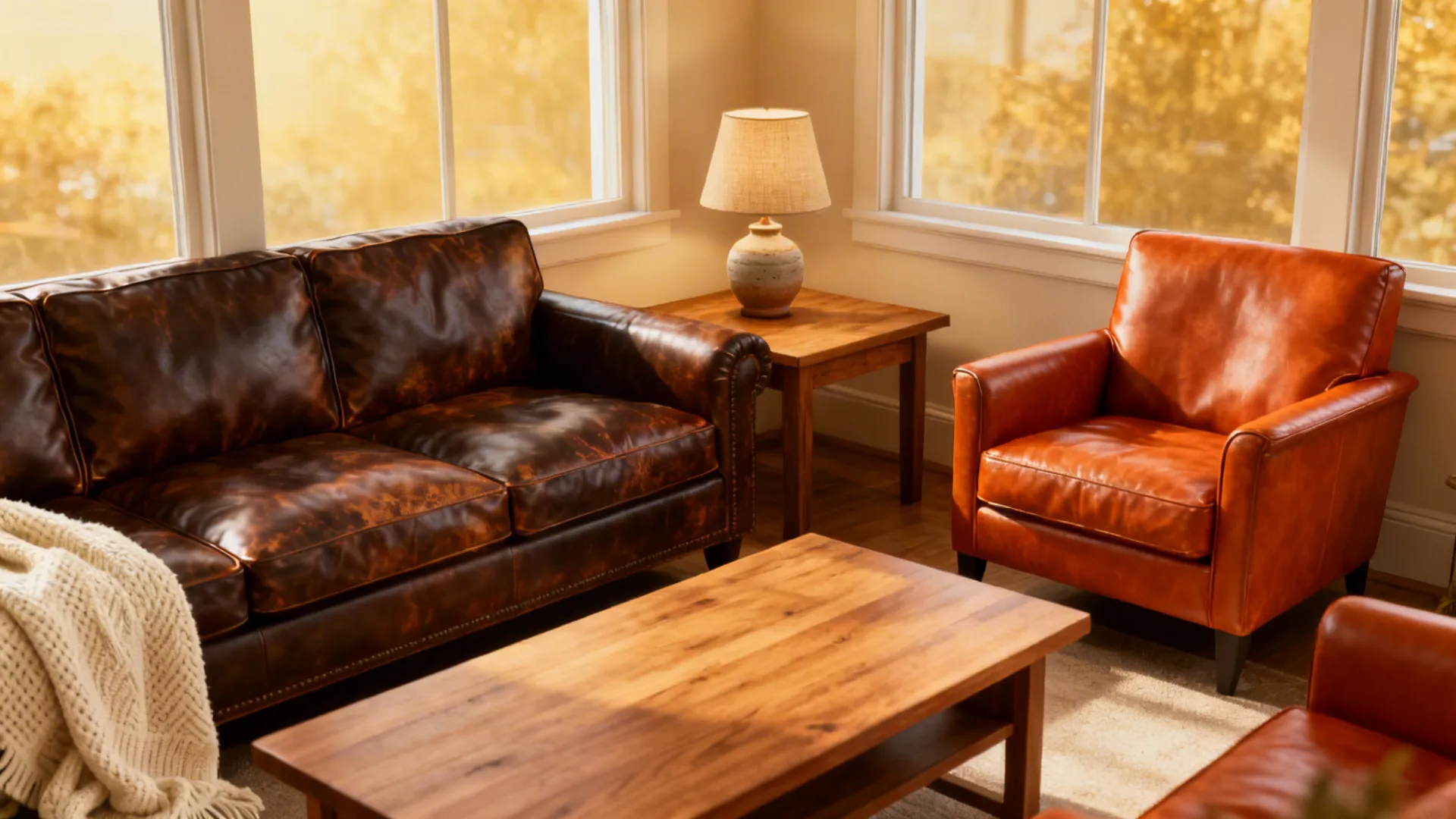 Seating area showing real leather and faux leather options with sealed wood table