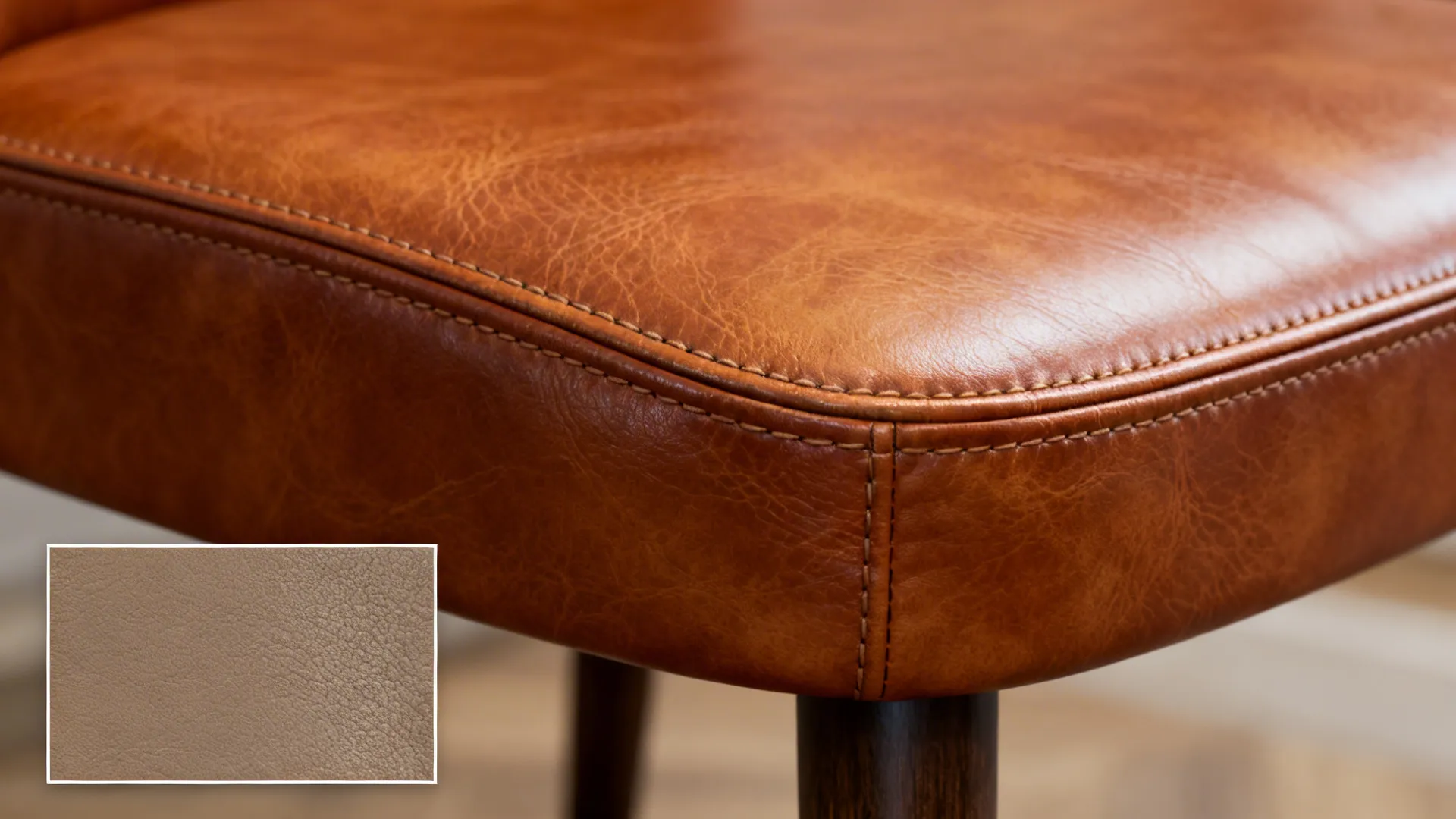 Macro of cognac semi-aniline leather grain beside matte taupe faux leather swatch.