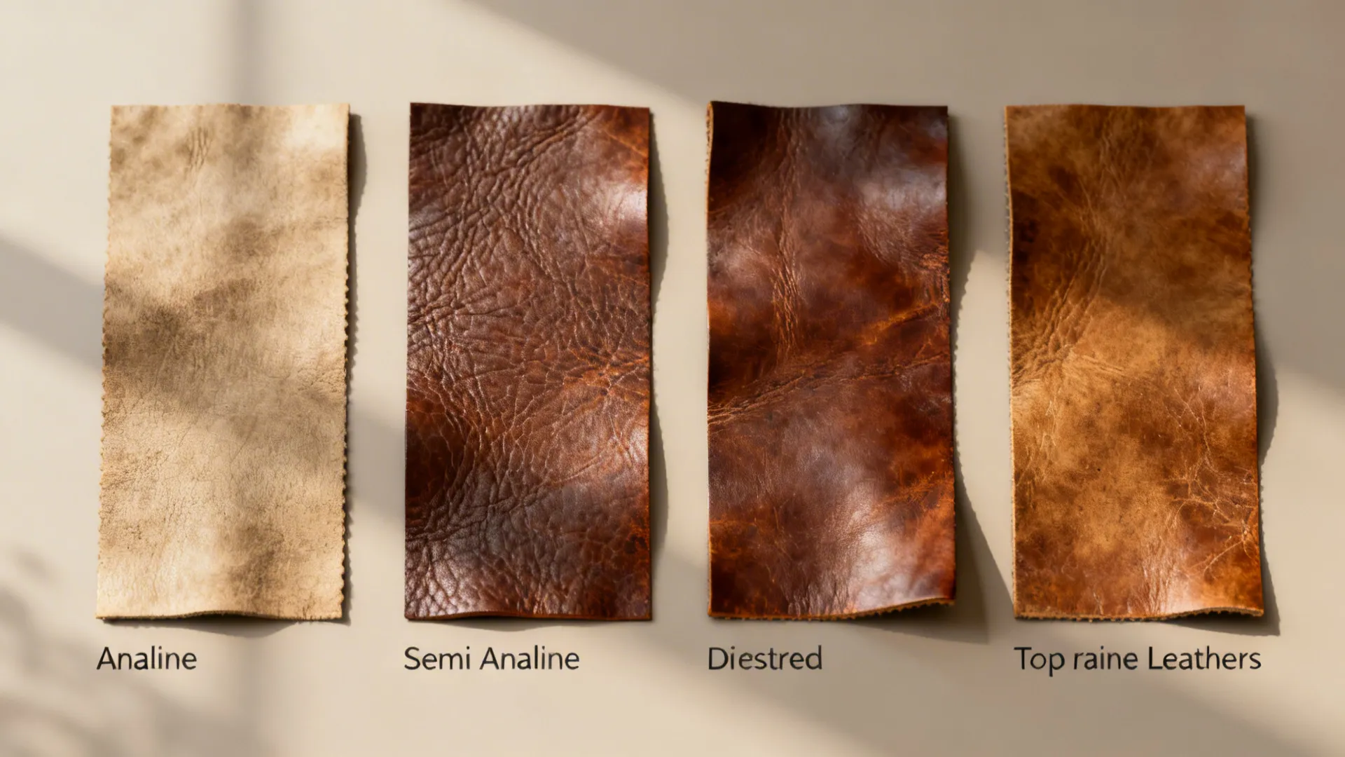 Four brown leather material samples with labels showing various finish types for home furniture design