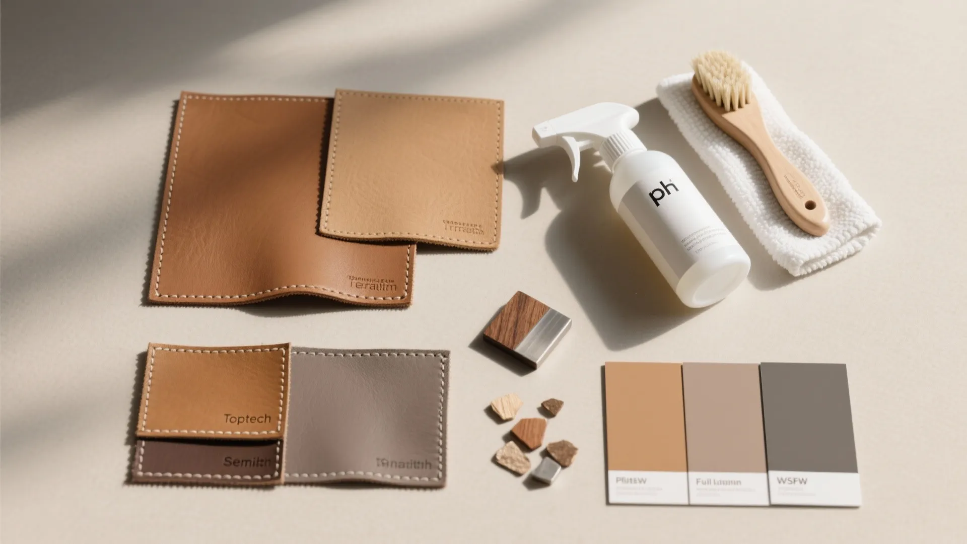 Interior design materials including leather samples color swatches wood pieces spray bottle and cleaning brush