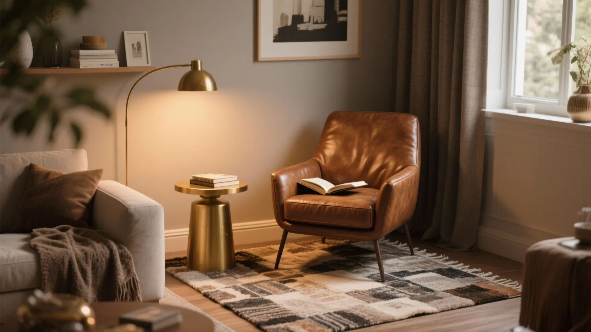 Saddle brown leather chair with round gold side table