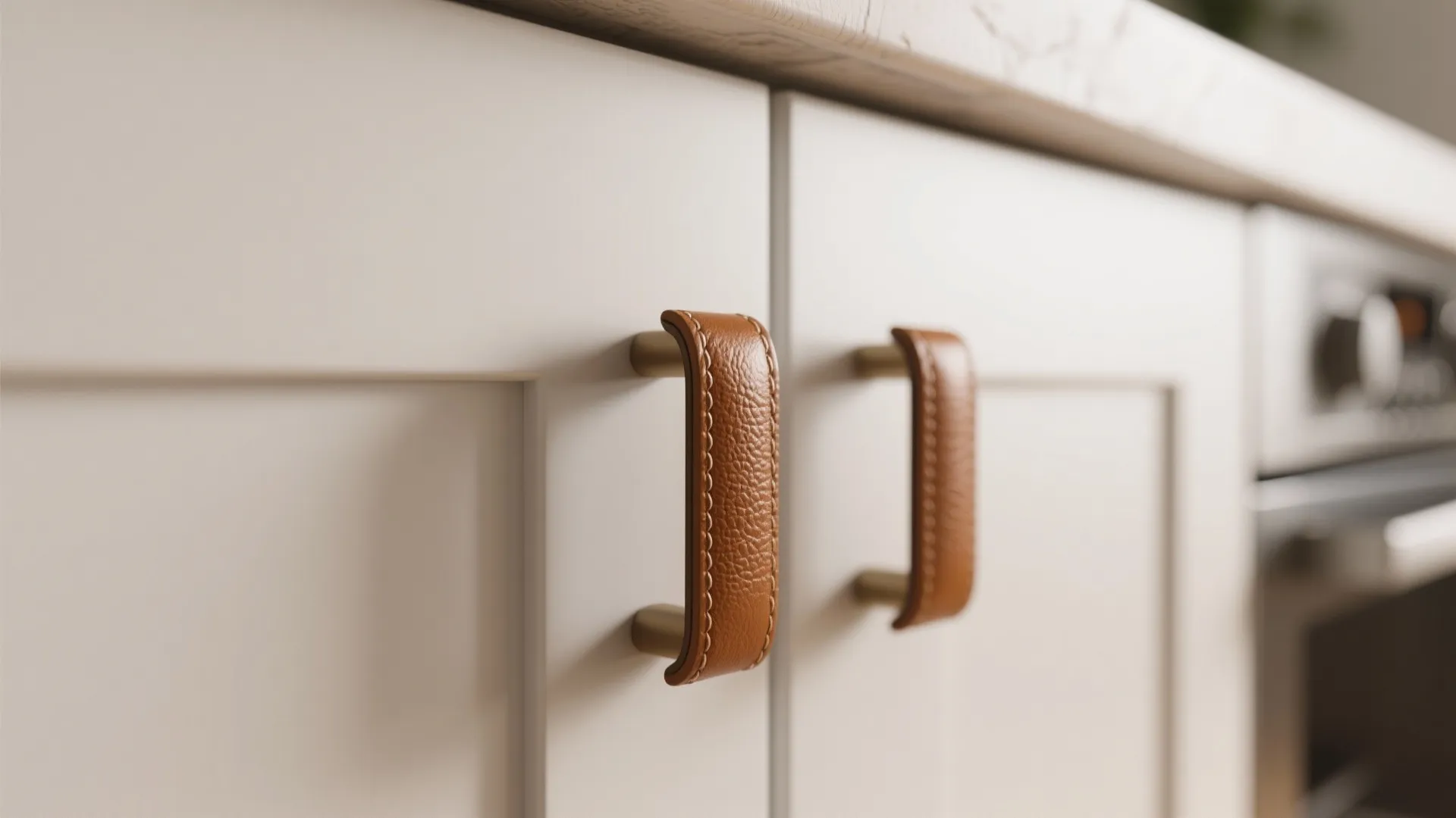 Tan leather-wrapped handles on white cabinetry