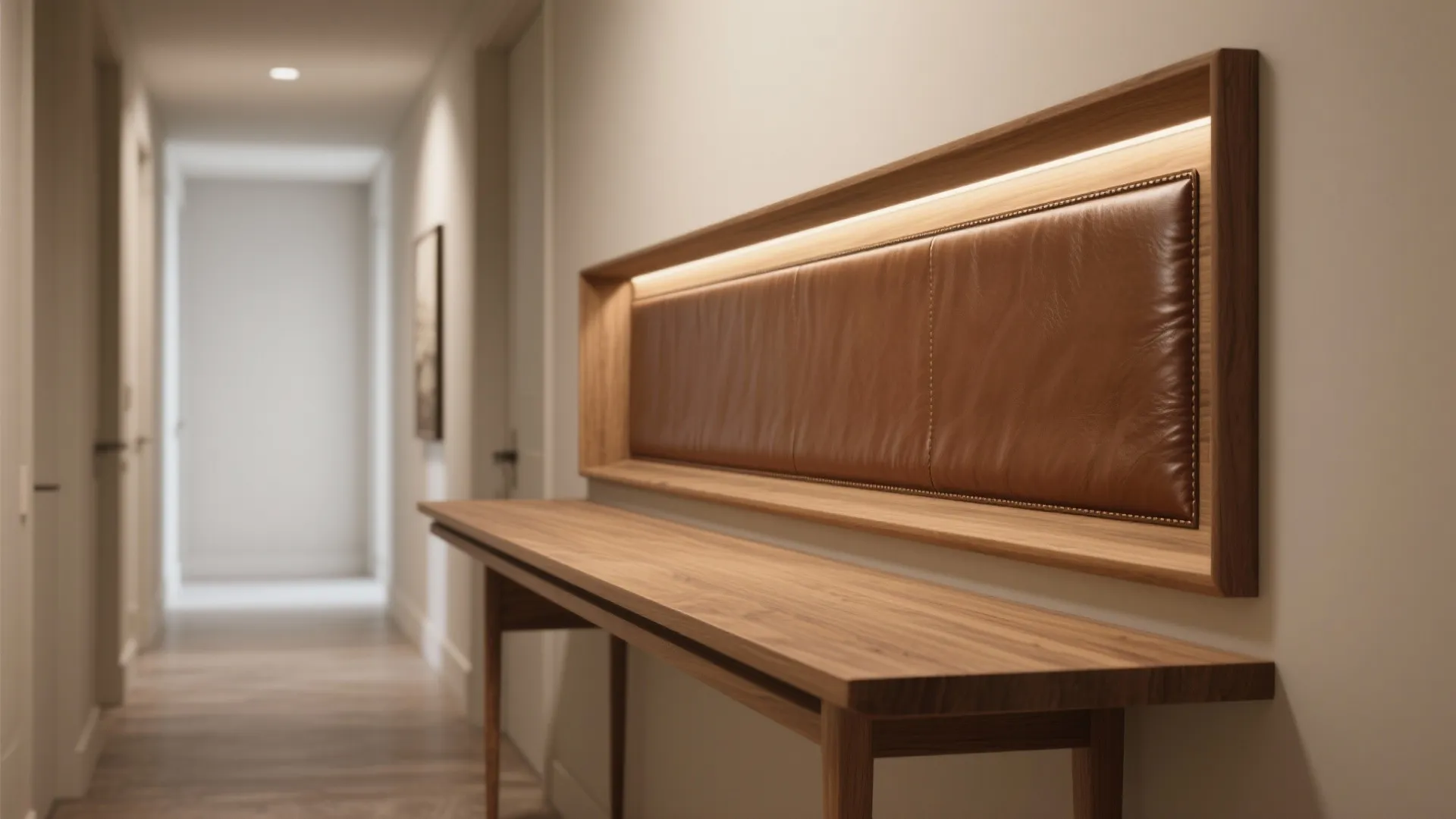 Narrow hallway console with a leather inset and chamfered wood border, showing recessed panel detail.