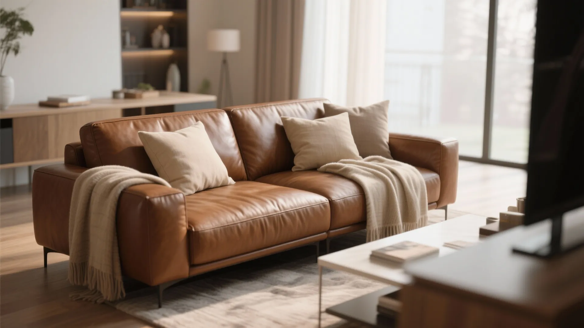 Brown leather sofa with beige linen pillows