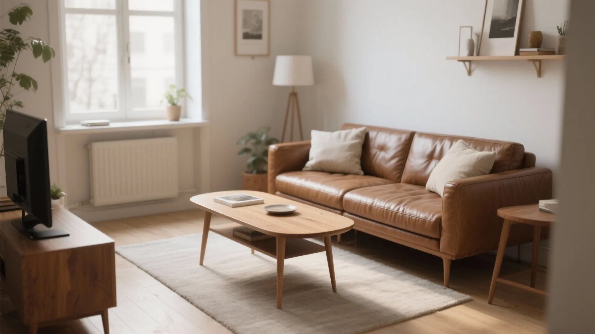 Modern living room featuring brown leather sofa wooden coffee table white walls and natural light