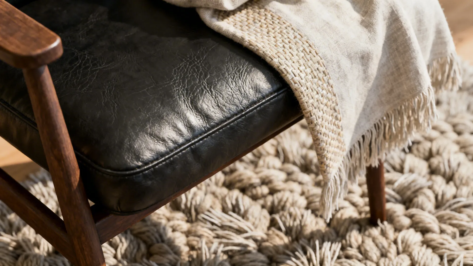 Close-up of black leather texture paired with a linen throw and chunky wool rug