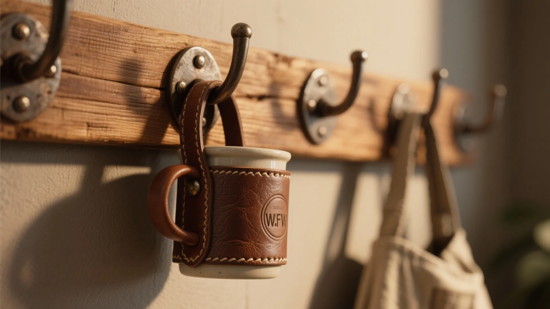 Ceramic coffee mug with brown leather holder hanging on metal wall hooks and wood panel