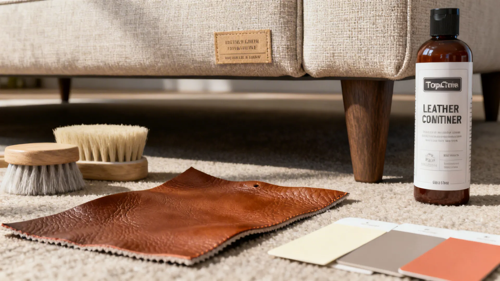 Close-up of leather swatches, conditioner, and fabric samples for sofa care and budget choices