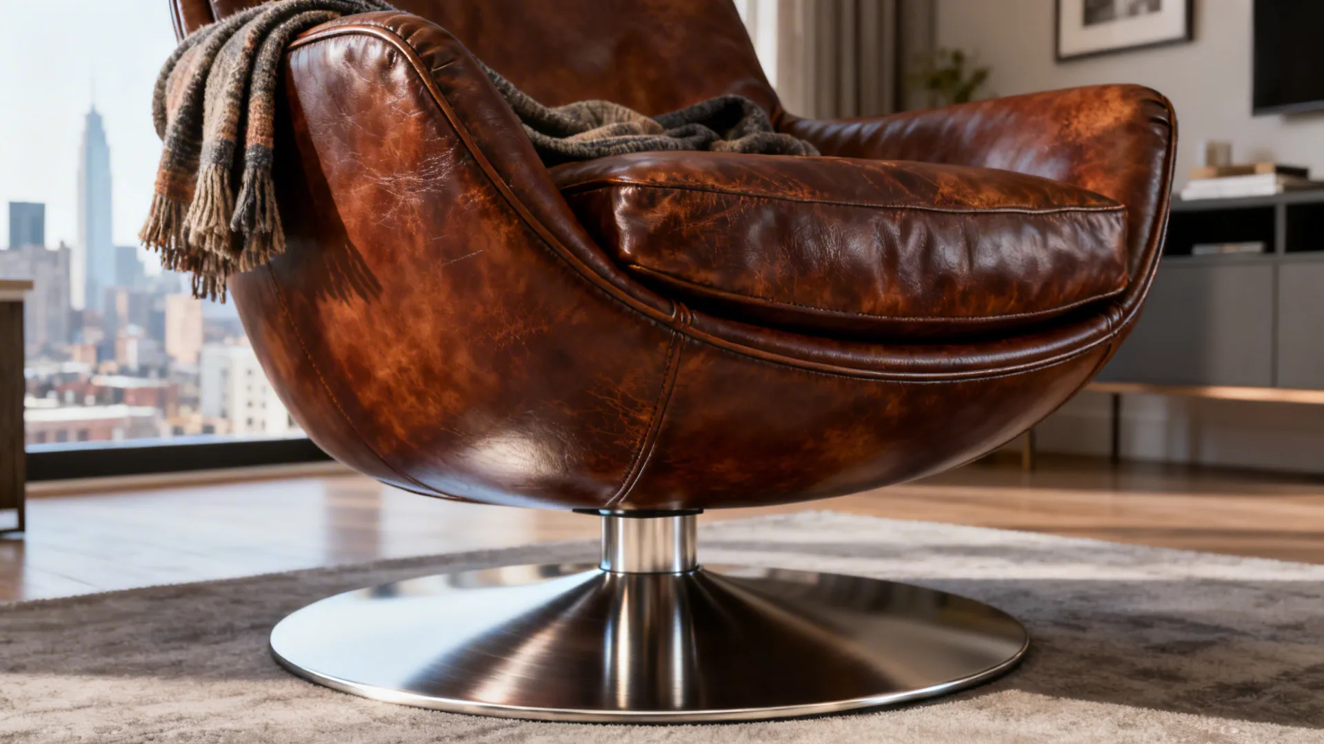 Leather swivel accent chair with a metal base showing leather texture and metal finish.