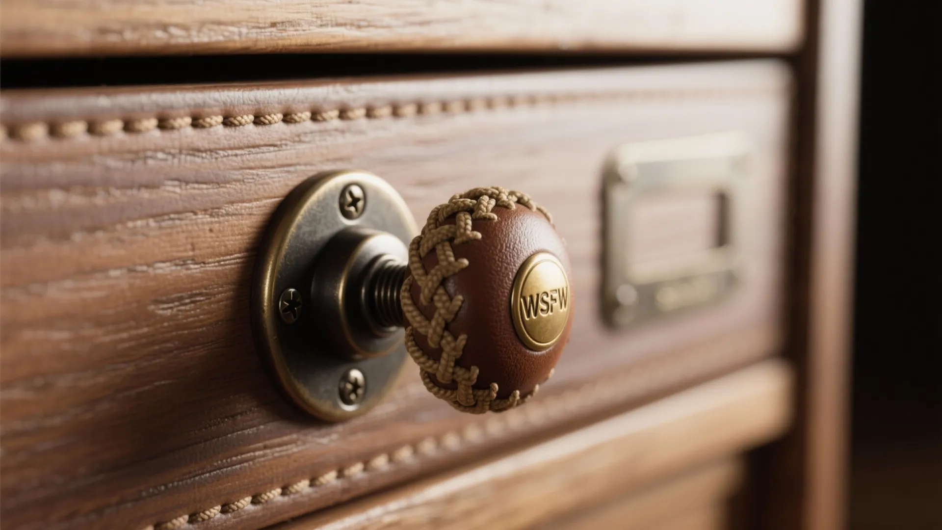 Brown leather cabinet knob with braided edges installed on wooden drawer with gold metal decorative hardware