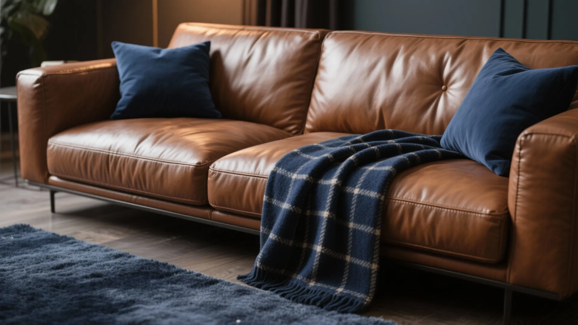 2. Brown Leather Sofa with Navy Textiles