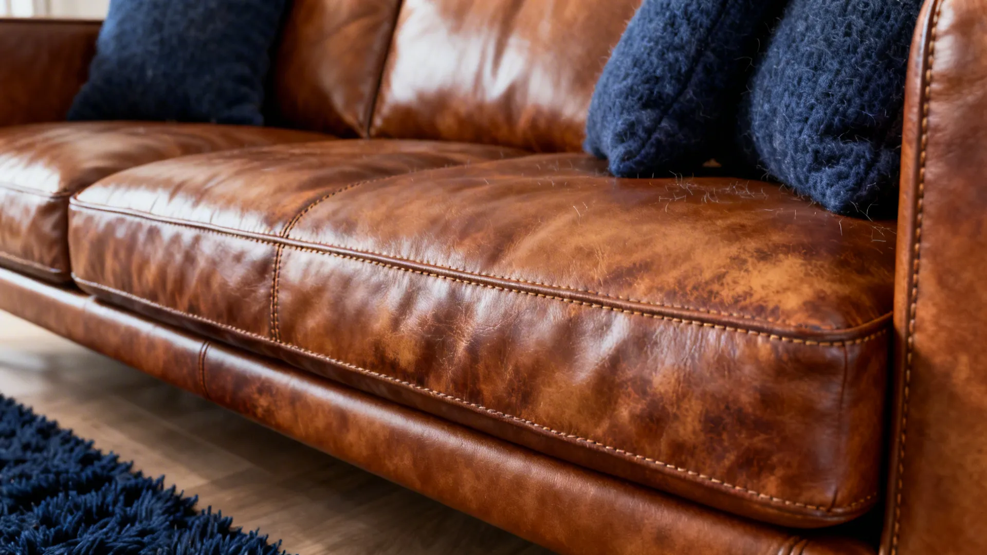 2. Leather Sofa with Navy Textiles