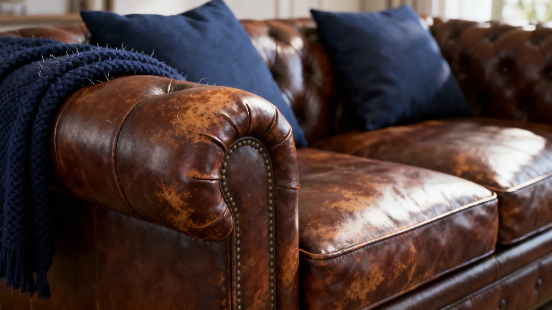 Close-up of brown leather sofa with navy cushions showing leather and fabric textures.