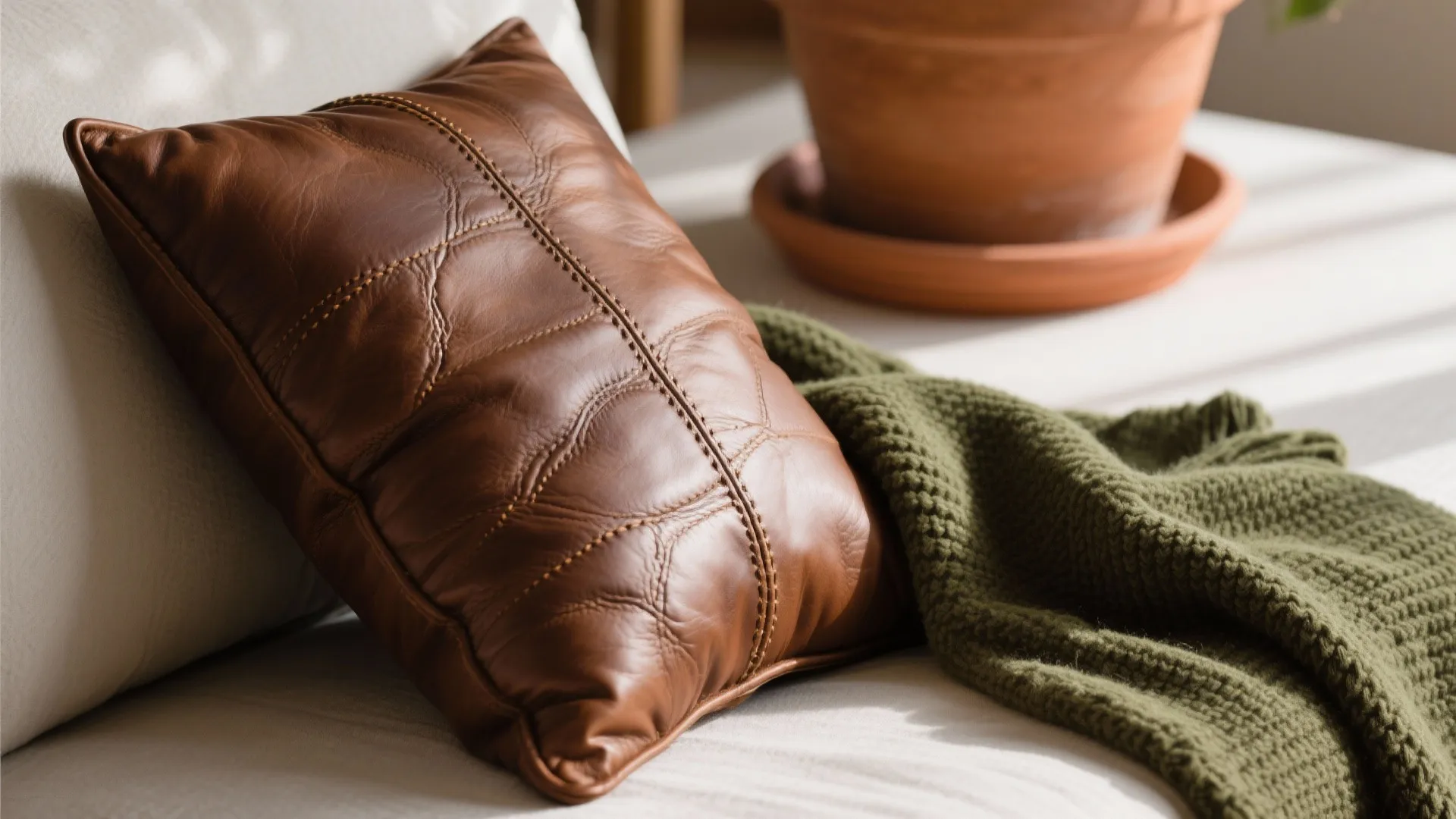 Close up of brown leather pillow and olive green knit blanket on a white sofa