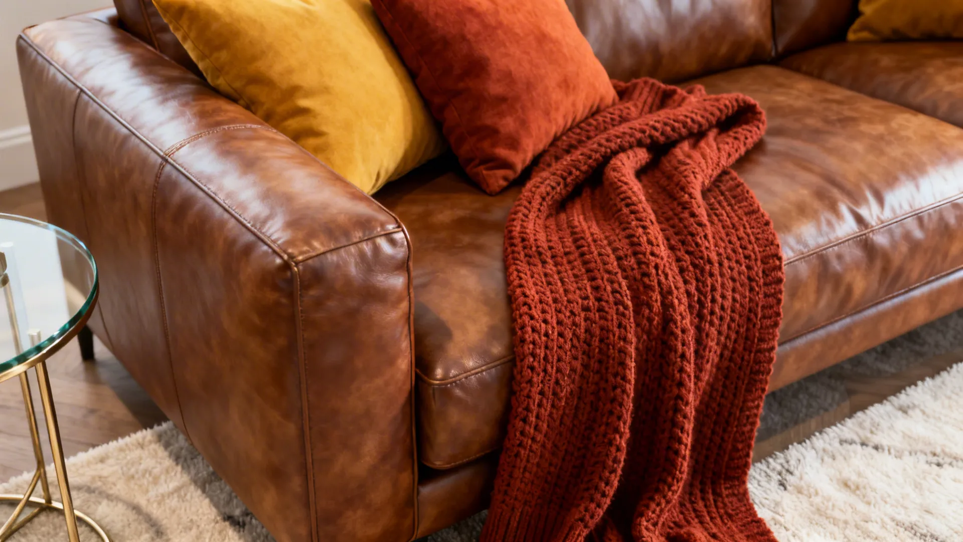 Brown leather sofa with saffron and rust orange cushions and knit throw