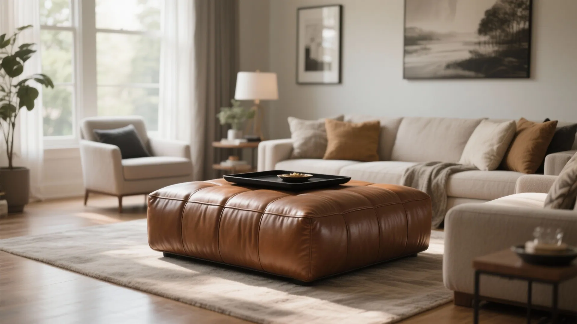 9. Brown Leather Ottoman with Black Tray