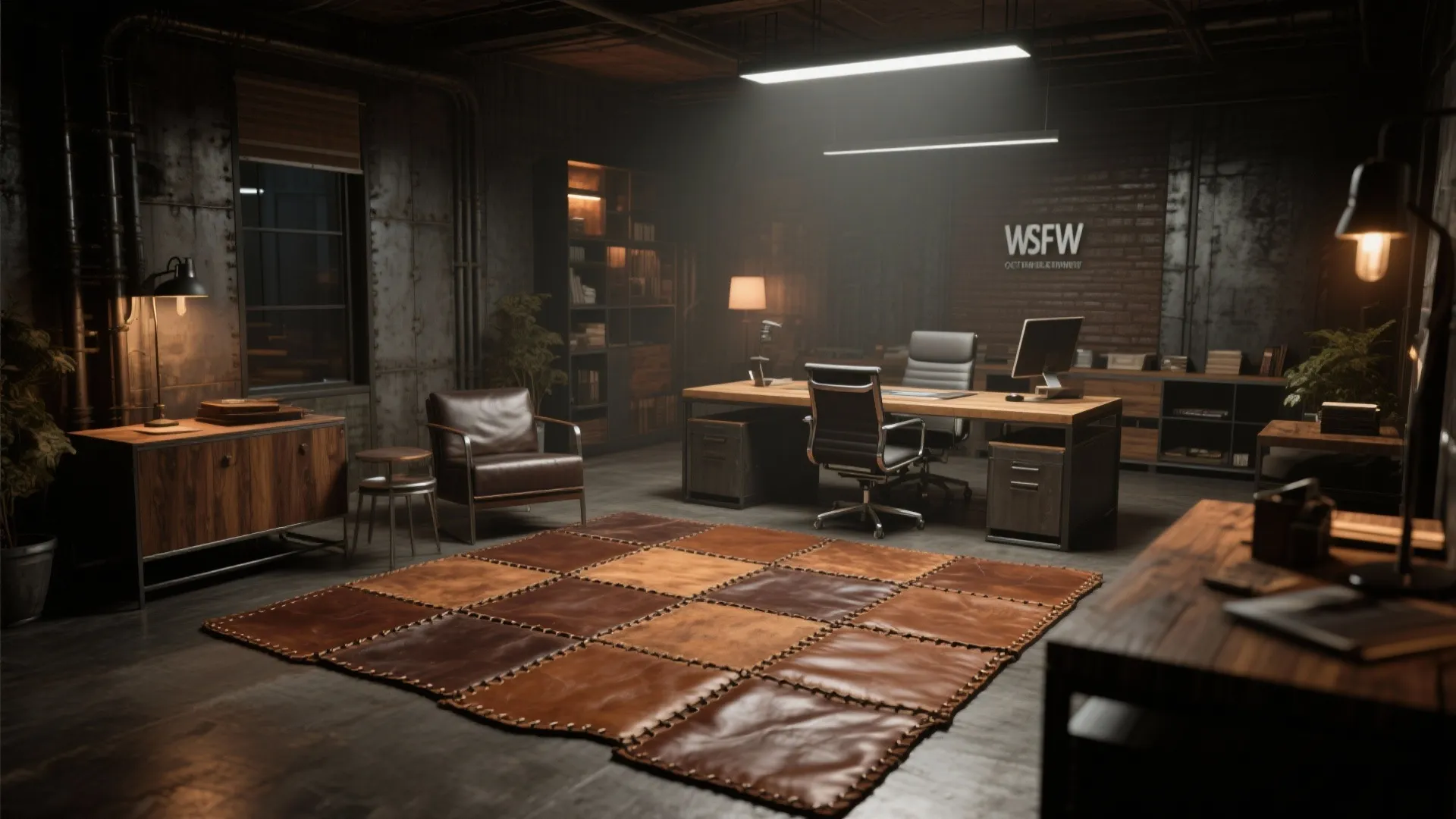 Masculine office with brown leather patchwork rug