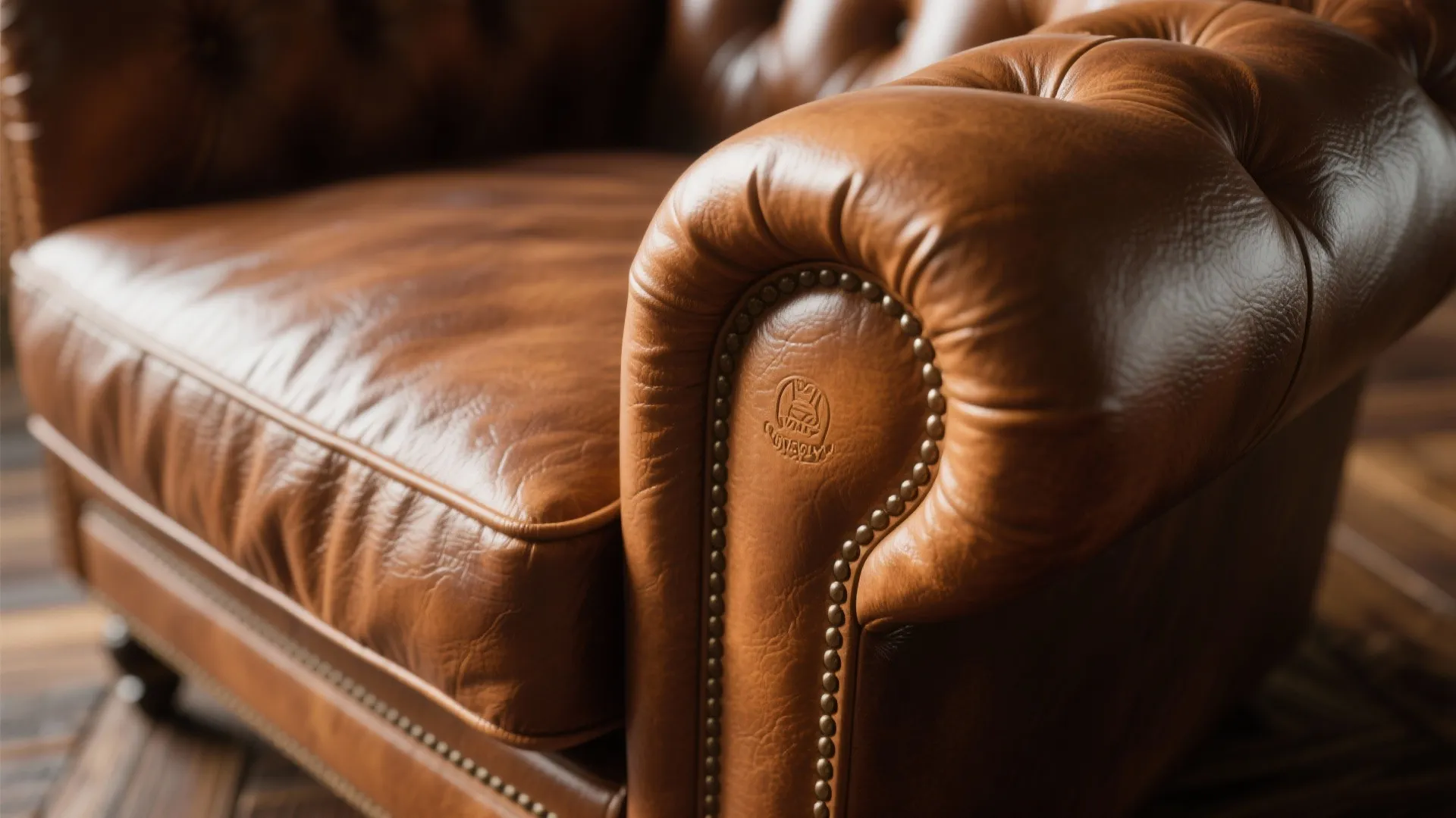 Close up view of brown leather sofa arm with metal studs and textured surface detail