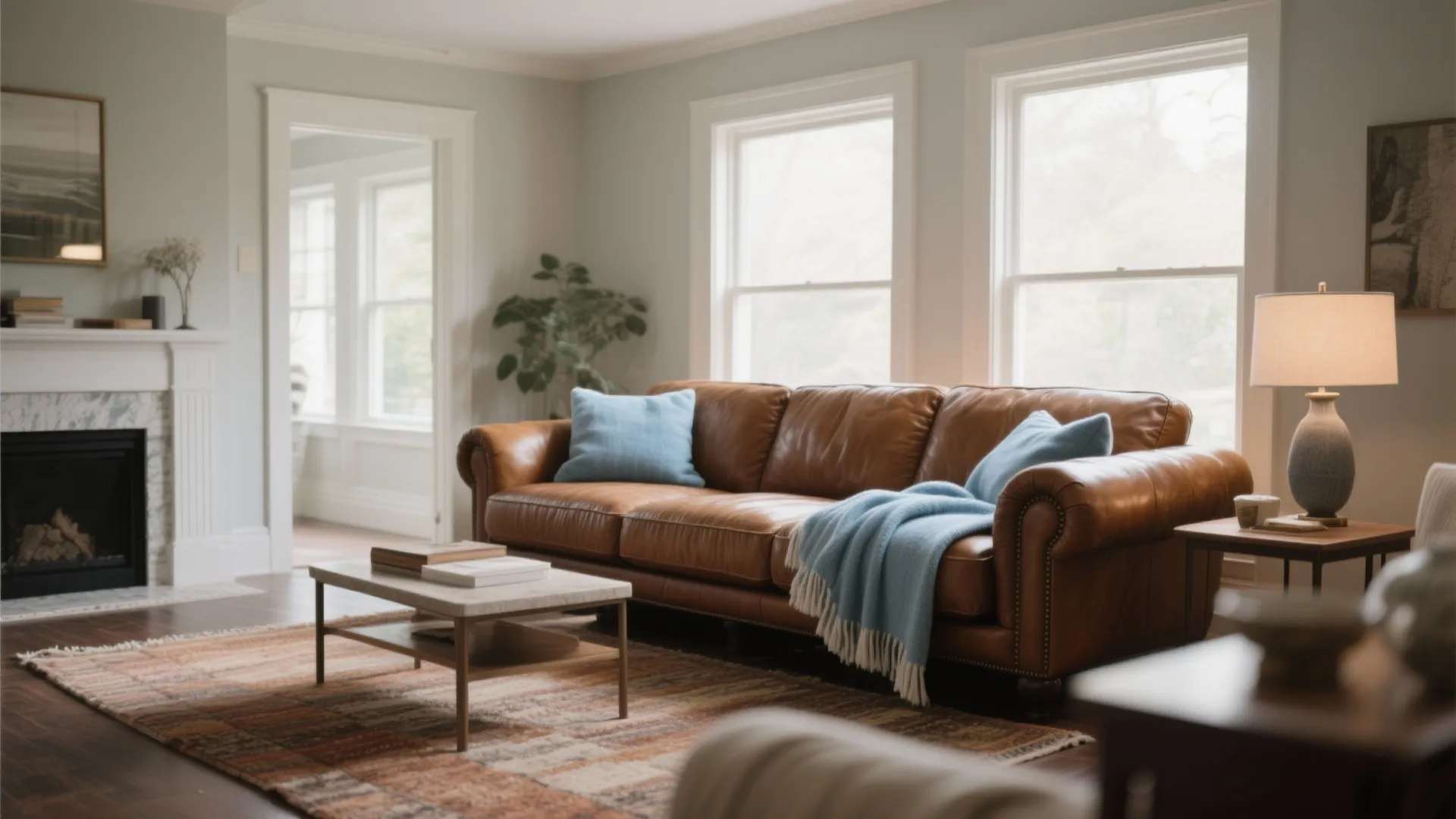Brown leather sofa with blue pillows and blanket in a bright living room with large windows