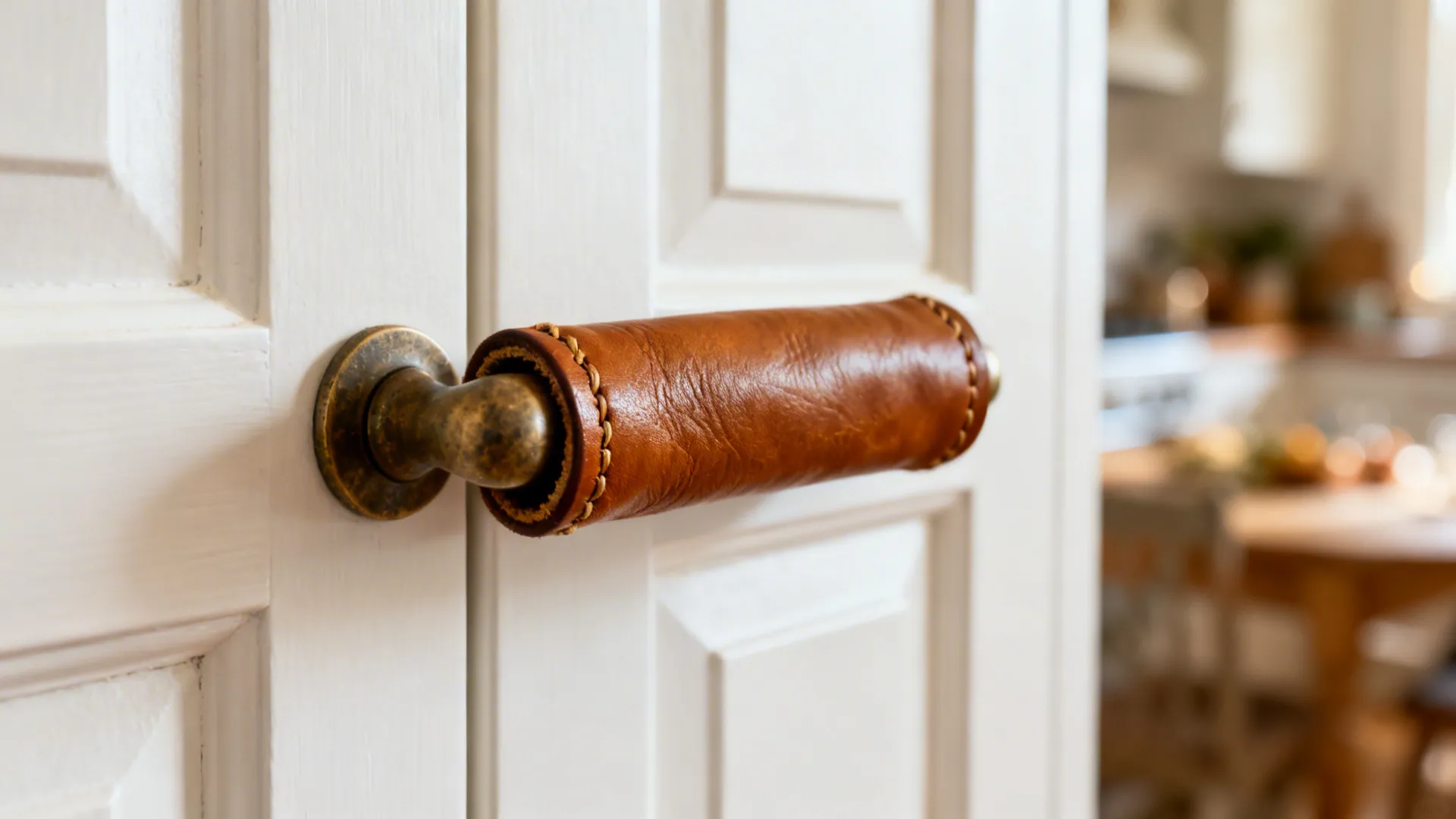 Tan leather-wrapped pull on a white shaker cabinet with soft patina.