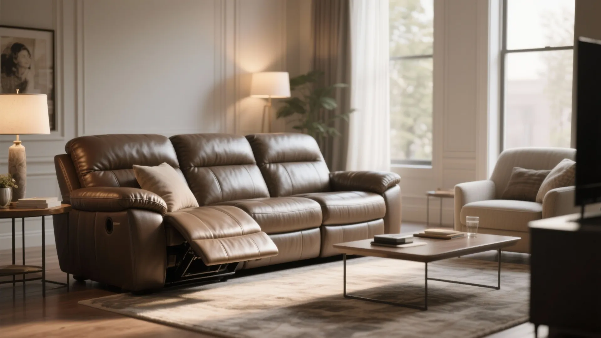 Living room featuring brown leather reclining sofa wooden coffee table rug floor lamp and armchair