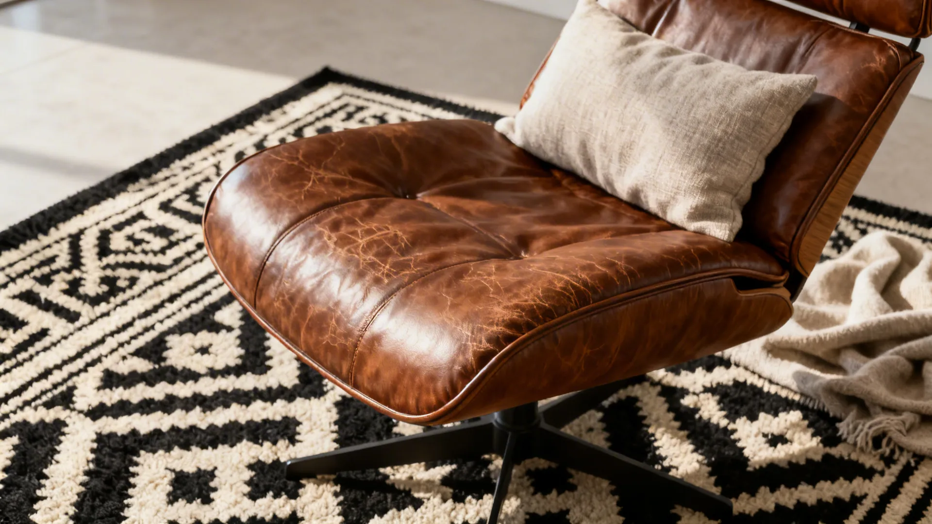 Brown leather chair paired with a black-and-cream geometric rug and textured cushion.