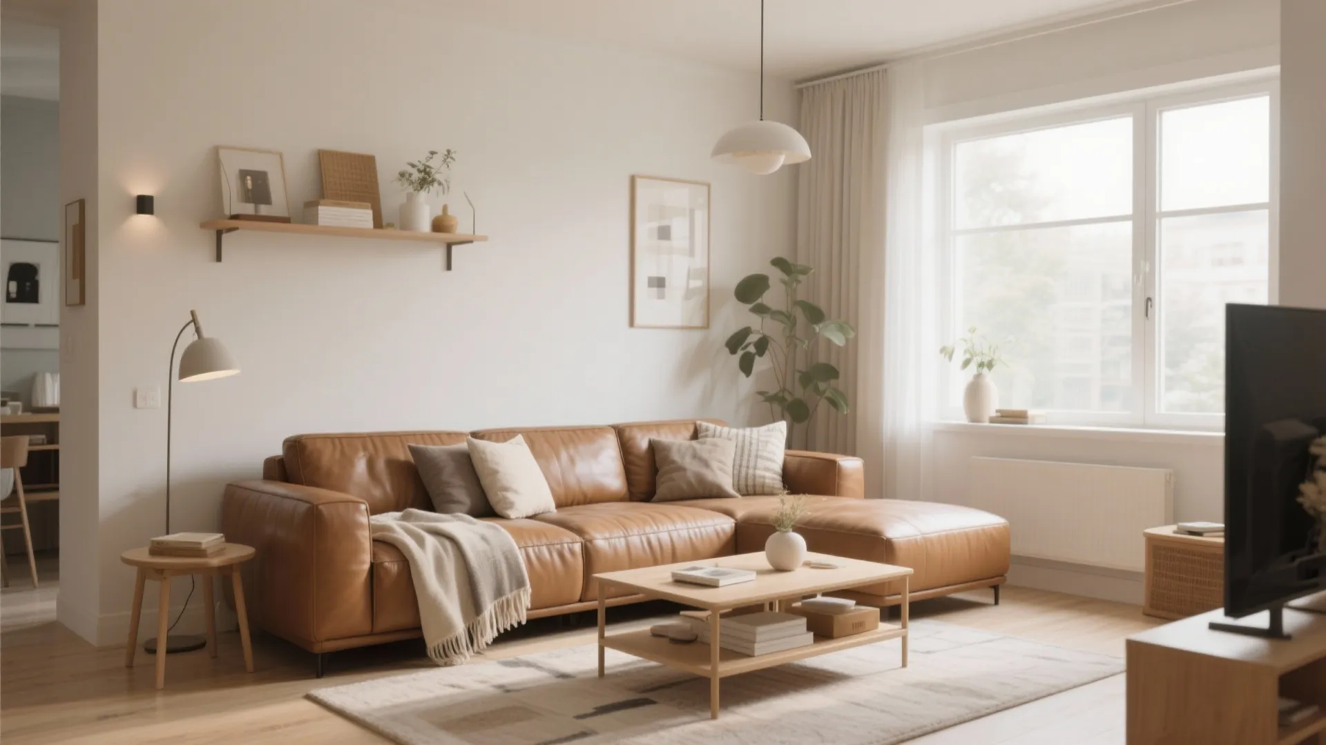 Modern living room featuring a brown leather sofa with cushions and a wooden coffee table
