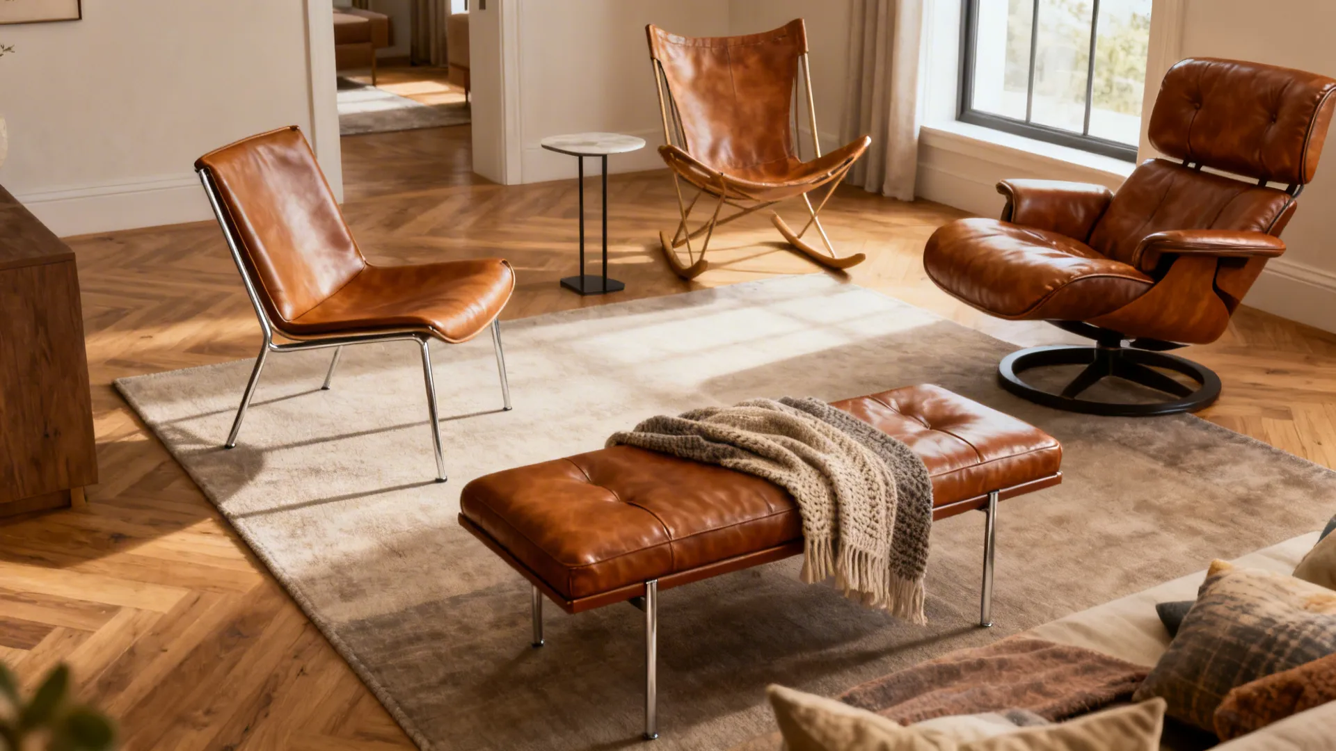 Brown leather chairs and leather bench with blanket on rug in modern living room setting