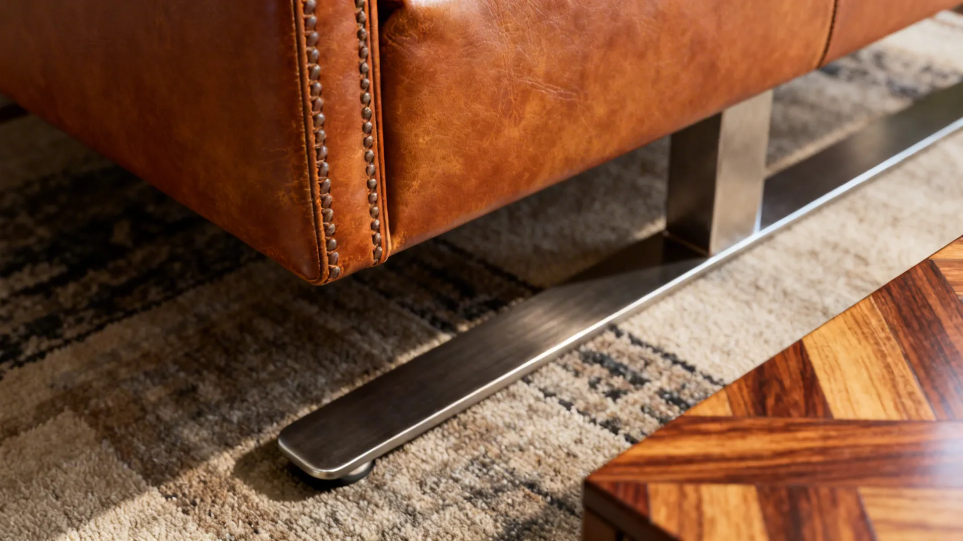 Close-up of caramel leather stitching and metal sled base beside a parquet tabletop corner.